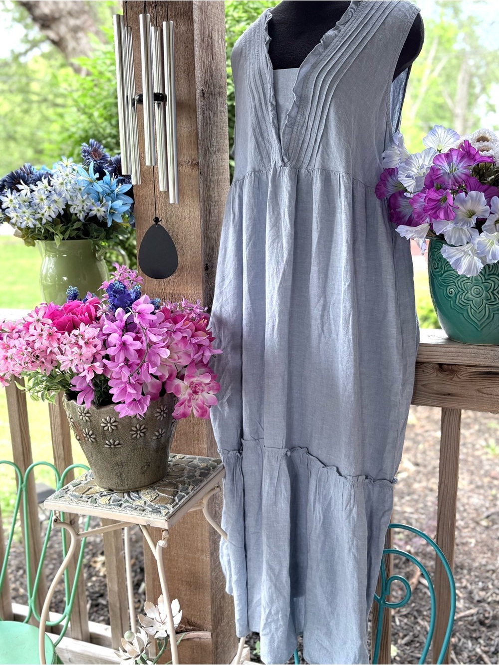 Linda Anderson Prairie Blue Rayon/Linen Soft Chambray Ruffle Detail Maxi Dress - Picture 4 of 8